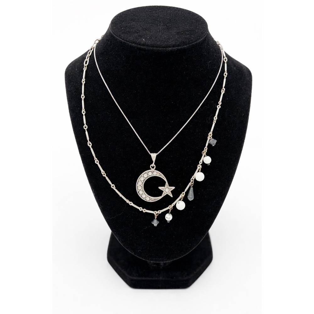 925 Sterling Silver Moon Star CZ Pendant Necklace + Layered Charm Chain‎ Set